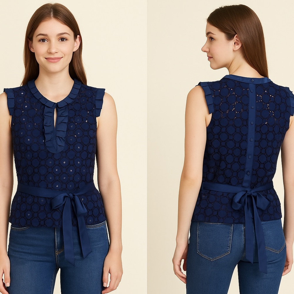 Bebe Navy Blue Eyelet Ruffle Tie-Waist Blouse